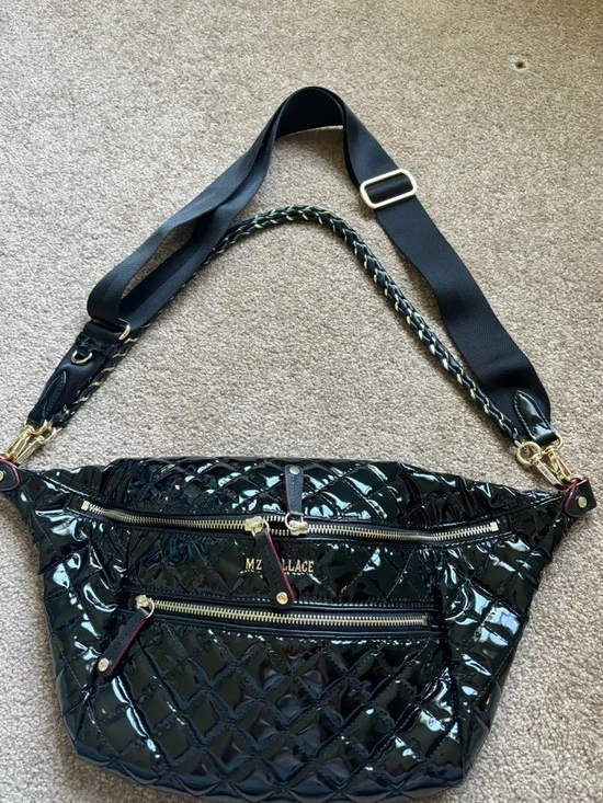 MZ Wallace Black Lacquer Quilted Crosby Sling Belt Bag Crossbody - Picture 7 of 10